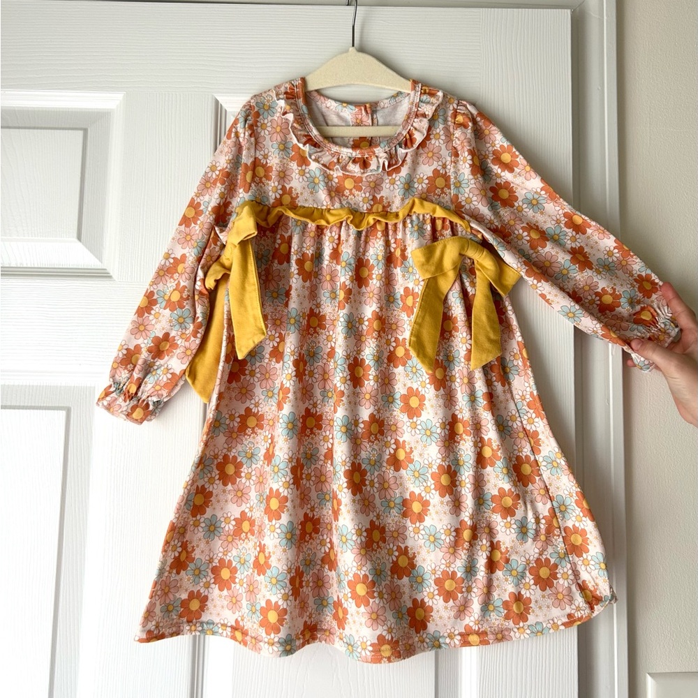 Boutique store Girls' Floral Long-Sleeve Dress with Mustard Bow Accents